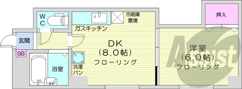 1DK、クローゼット、シューズボックス、都市ガス