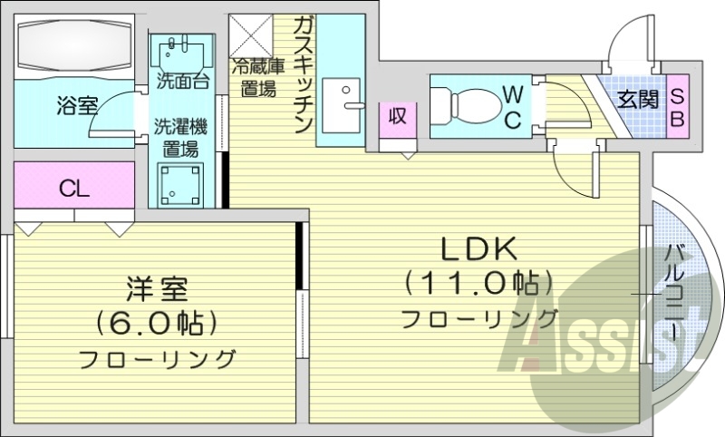 1LDK、モニタ付インターホン、灯油暖房、バルコニー