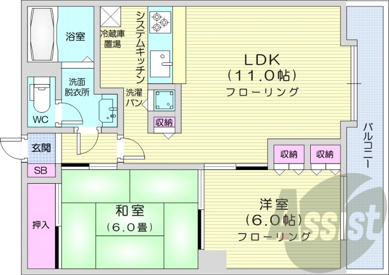 2LDK、灯油暖房、独立洗面台、オートロック
