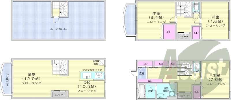 3LDK、エアコン、システムキッチン、追い焚き、浴室乾燥機