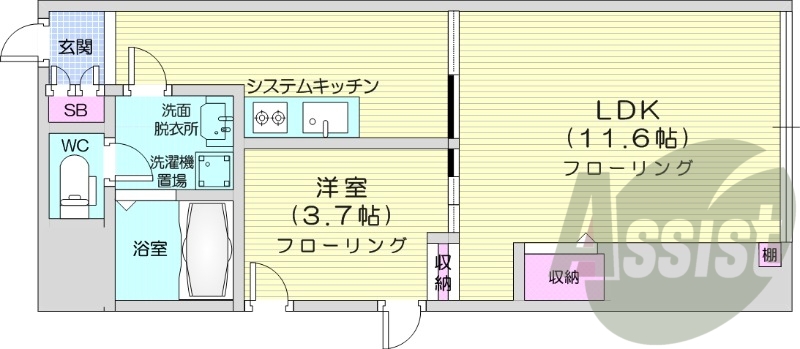 1LDK、オートロック、角部屋、ネット無料、システムキッチン