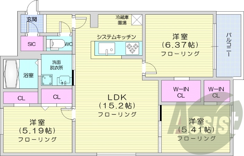 3LDK、都市ガス、エアコン、システムキッチン、追い焚き