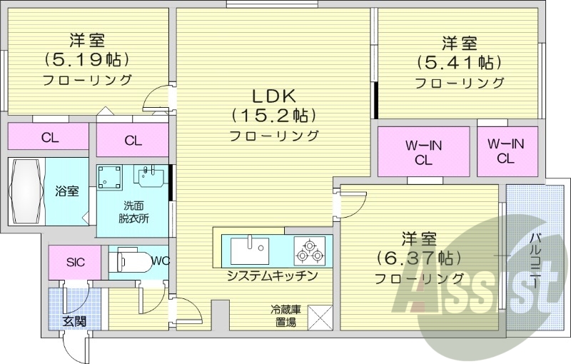 3LDK、都市ガス、エアコン、システムキッチン、追い焚き