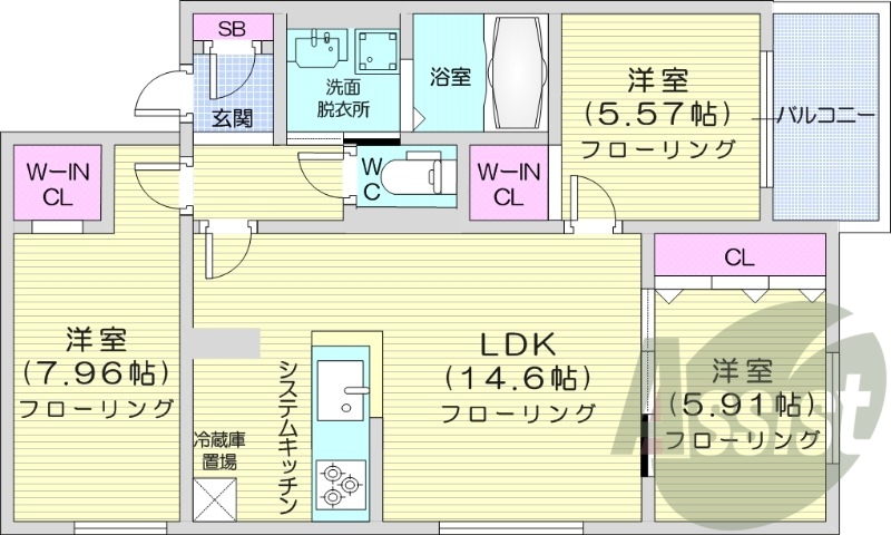 3LDK、都市ガス、エアコン、システムキッチン、追い焚き