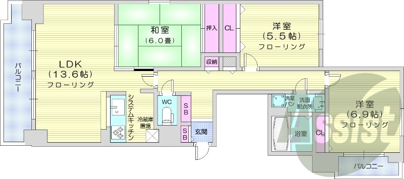 3LDK、クローゼット、洗面脱衣所、システムキッチン