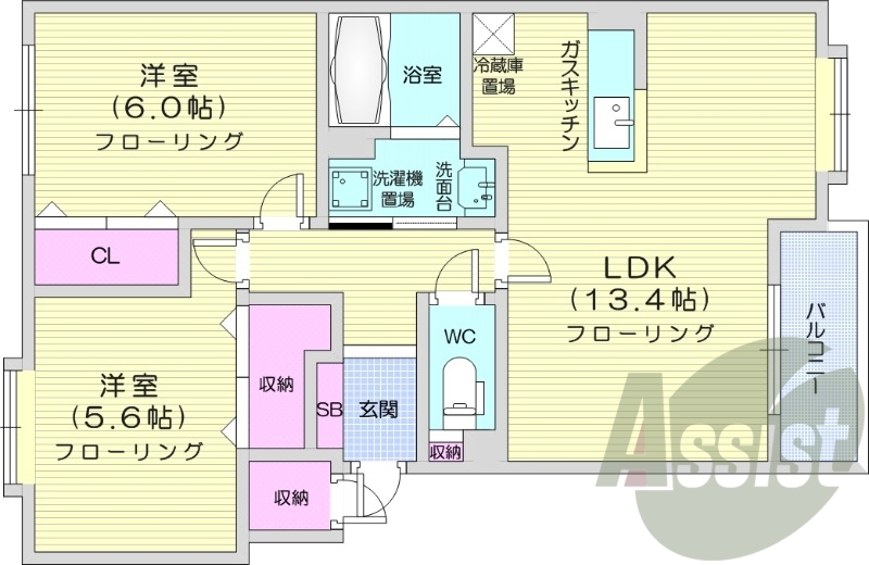 2LDK、灯油暖房、収納、独立洗面台、室内洗濯機置場