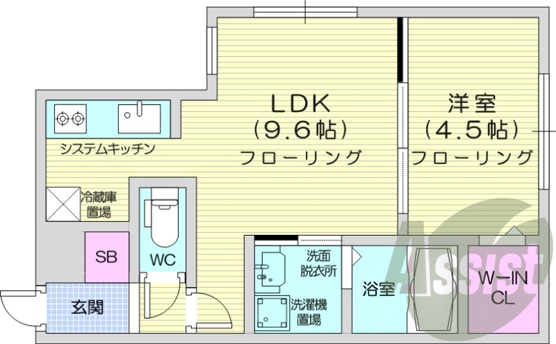 1LDK、浴室乾燥機、エアコン、システムキッチン