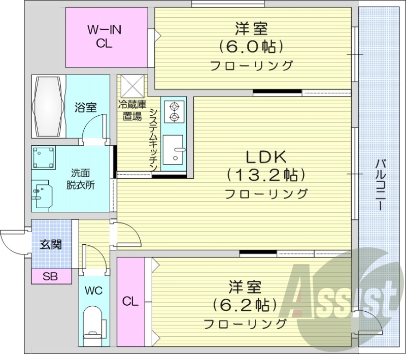 2LDK、オートロック、エアコン、カウンターキッチン