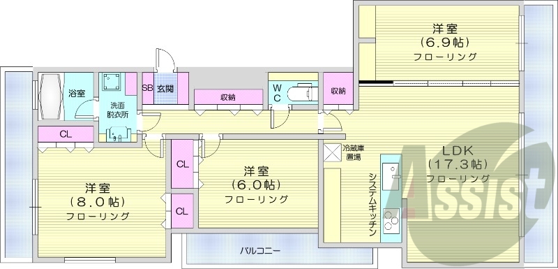 3LDK、都市ガス、分譲、システムキッチン