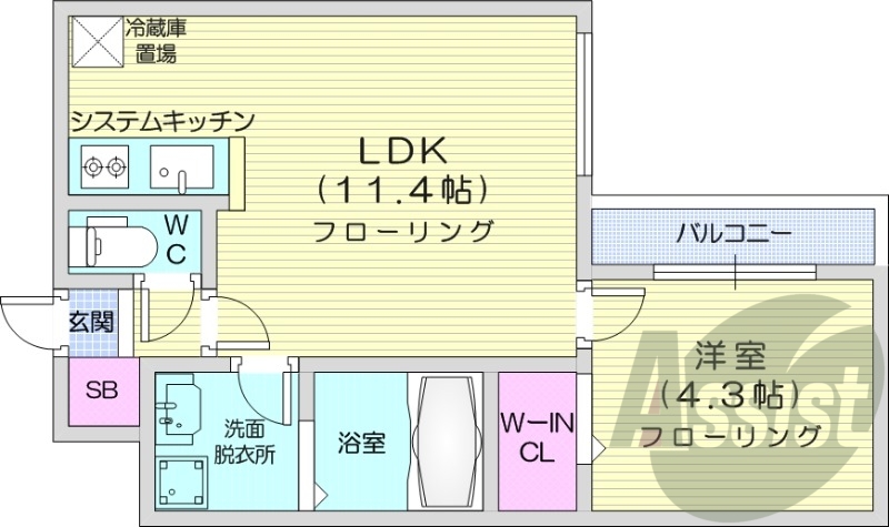 1LDK、都市ガス、エアコン、システムキッチン