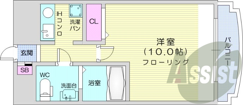 1K、都市ガス、バストイレ別、オートロック