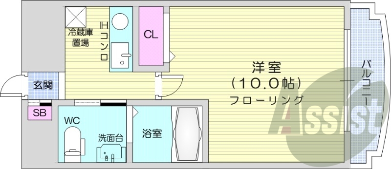 1K、都市ガス、バストイレ別、オートロック