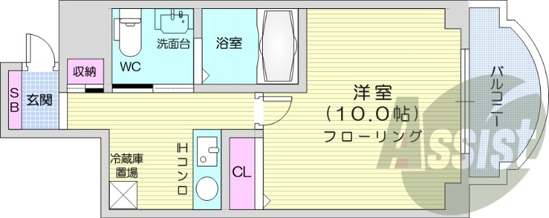 1K、都市ガス、バストイレ別、オートロック