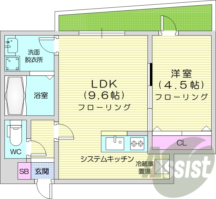 1LDK、エアコン、浴室乾燥機、システムキッチン