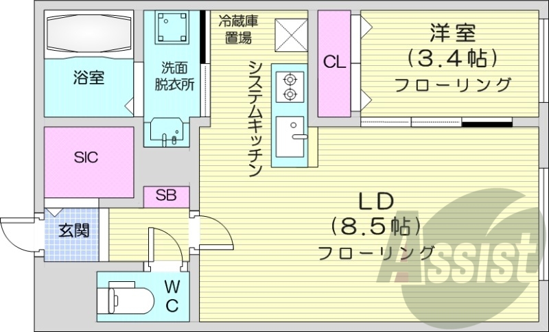 1LDK、エアコン、都市ガス、ネット無料