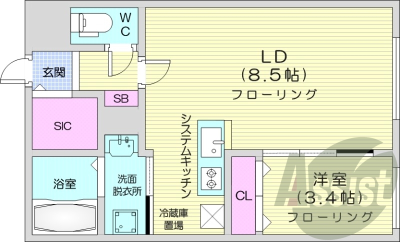 1LDK、エアコン、都市ガス、ネット無料