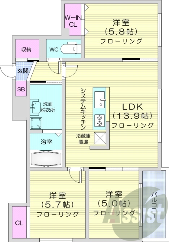 3LDK、エアコン、システムキッチン、独立洗面台、浴室乾燥機