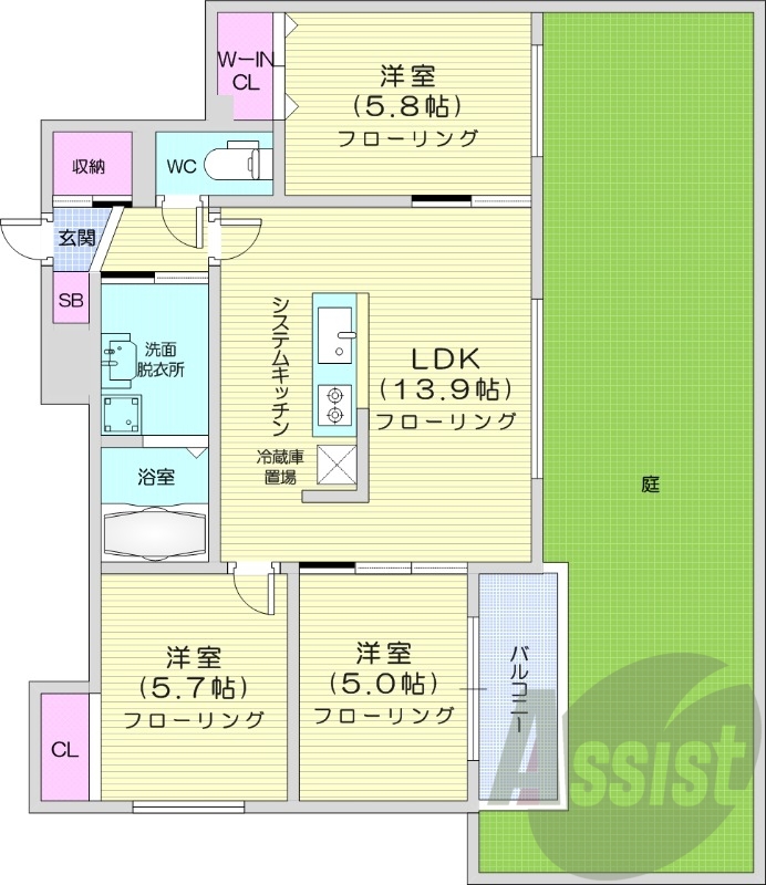 3LDK、エアコン、システムキッチン、独立洗面台、浴室乾燥機