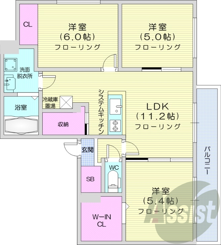 3LDK、エアコン、システムキッチン、独立洗面台、浴室乾燥機