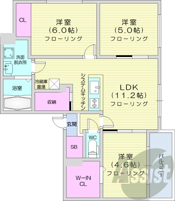 3LDK、エアコン、システムキッチン、独立洗面台、浴室乾燥機