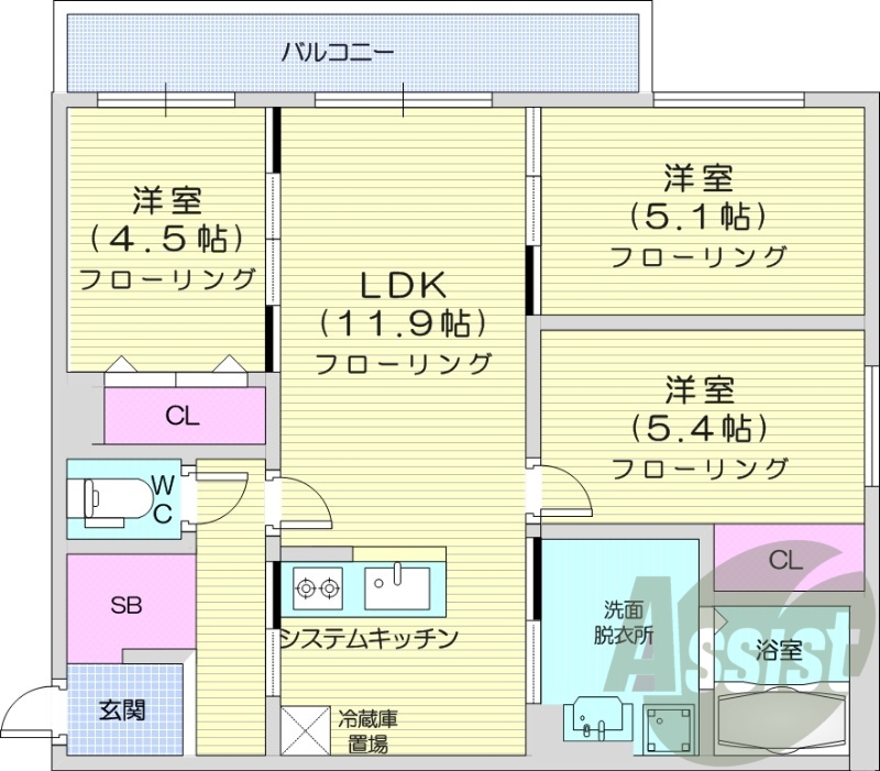 3LDK、エアコン、システムキッチン、独立洗面台、浴室乾燥機