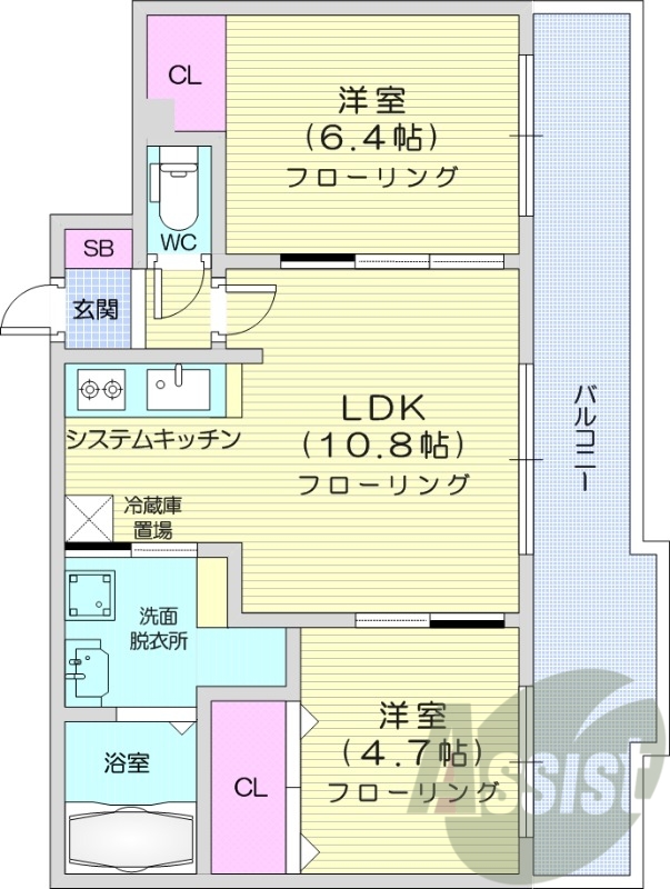 2LDK、エアコン、システムキッチン、独立洗面台、浴室乾燥機