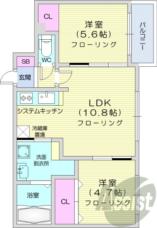 2LDK、エアコン、システムキッチン、独立洗面台、浴室乾燥機