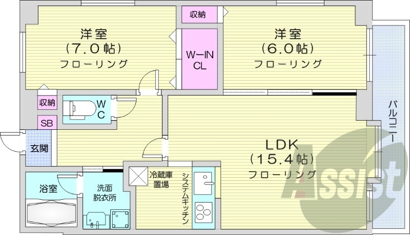 2LDK、灯油暖房、ネット無料、システムキッチン