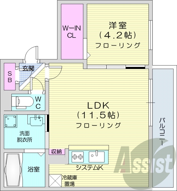 1LDK、エアコン、ネット無料、システムキッチン