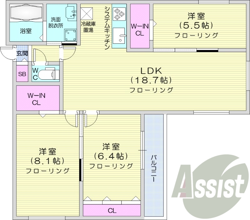 3LDK、エアコン、ペット可、システムキッチン