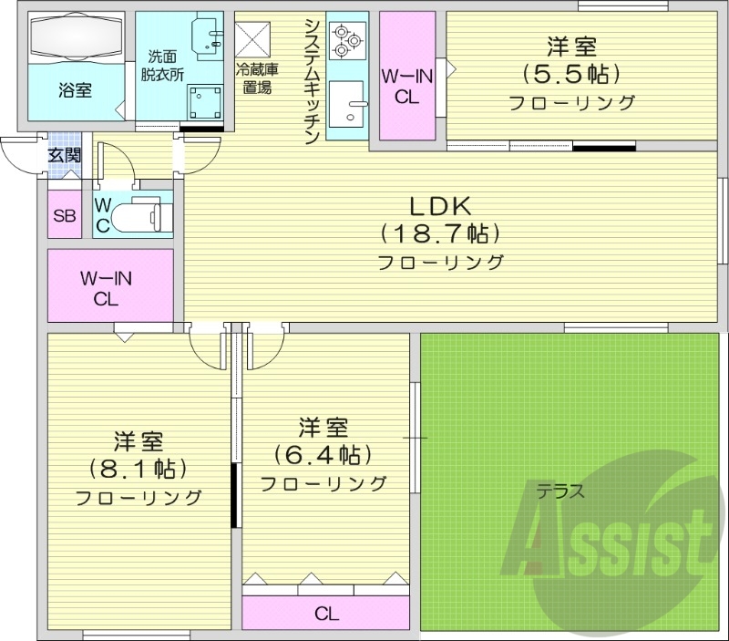 3LDK、エアコン、ペット可、システムキッチン