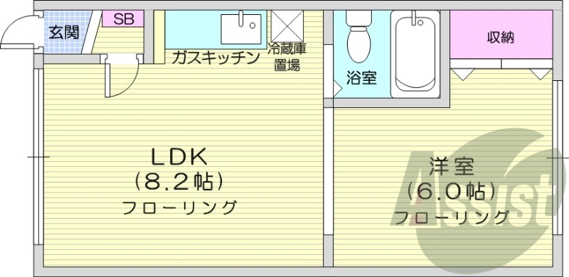 1LDK、都市ガス、システムキチン、独立洗面台、