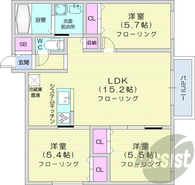 3LDK、都市ガス、エアコン、追い焚き、浴室乾燥機