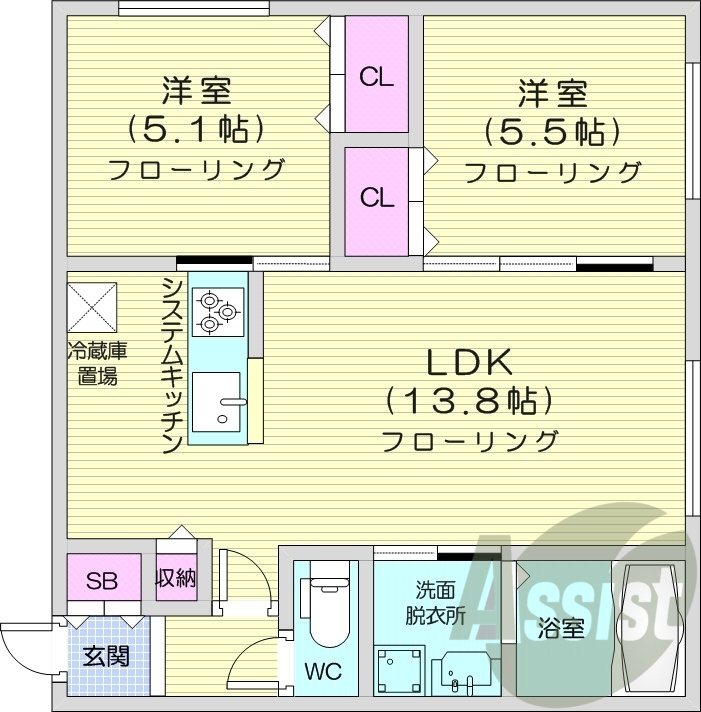 2LDK、都市ガス、エアコン、追い焚き、浴室乾燥機