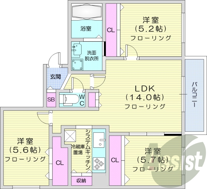 3LDK、都市ガス、エアコン、追い焚き、浴室乾燥機