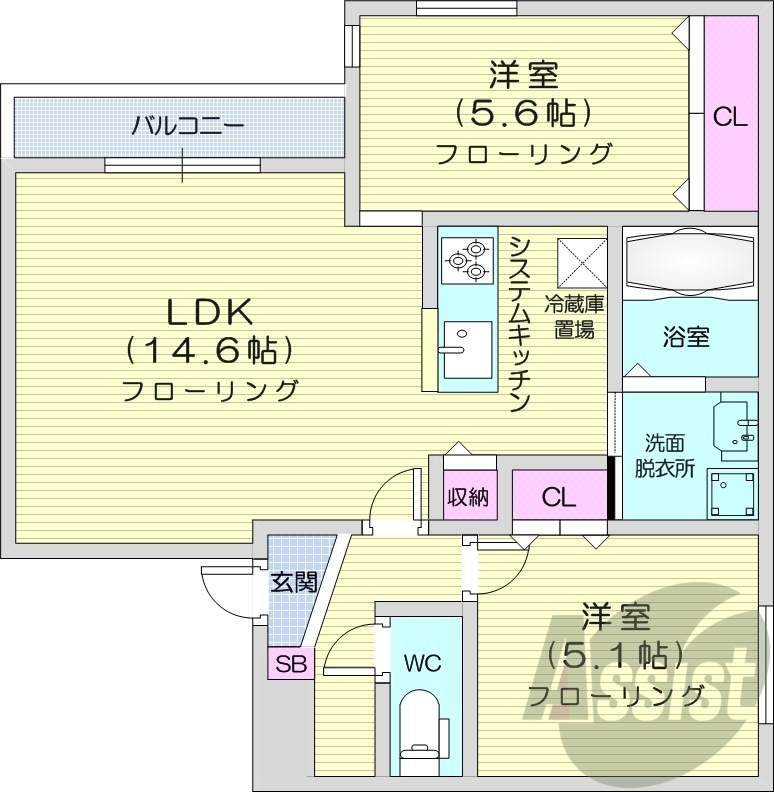 2LDK、都市ガス、エアコン、追い焚き、浴室乾燥機
