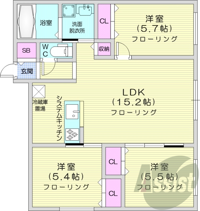 3LDK、都市ガス、エアコン、追い焚き、浴室乾燥機