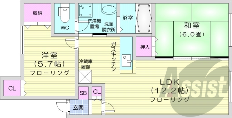 2LDK、独立洗面台、ウォシュレット、シューズボックス