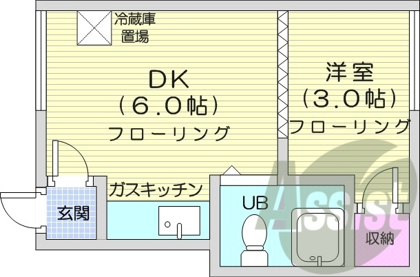 1DK、灯油暖房、収納、ガスキッチン、お風呂