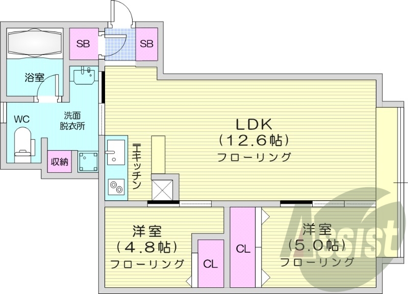 2LDK、シューズボックス、独立洗面台、IHコンロ。