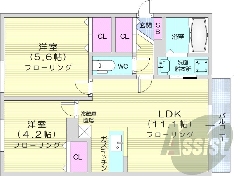 2LDK、エアコン、独立洗面台、ガスキッチン、灯油ボイラー