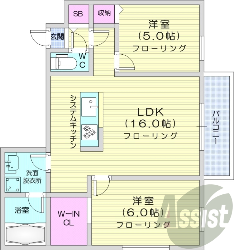 2LDK、エアコン、浴室乾燥機、システムキッチン