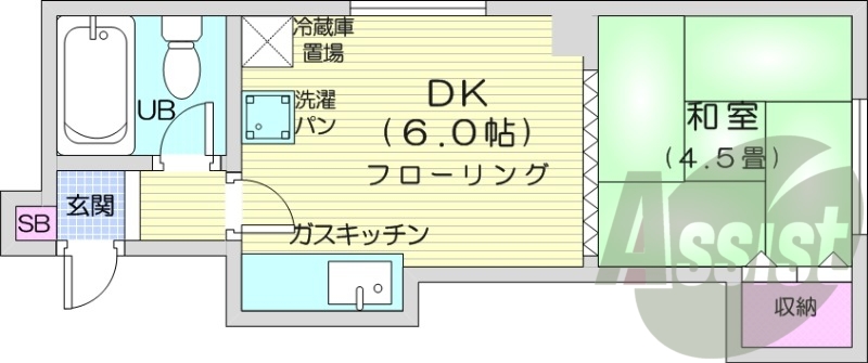 1DK、灯油暖房、室内洗濯機置き場、ケーブルテレビ