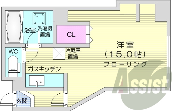 1R、エアコン、灯油暖房、オートロック、バストイレ別
