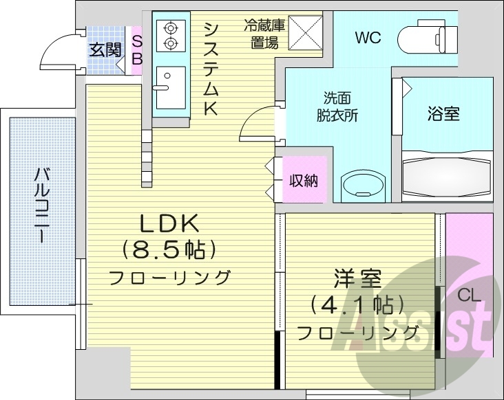 1LDK、システムキッチン、灯油暖房、独立洗面台