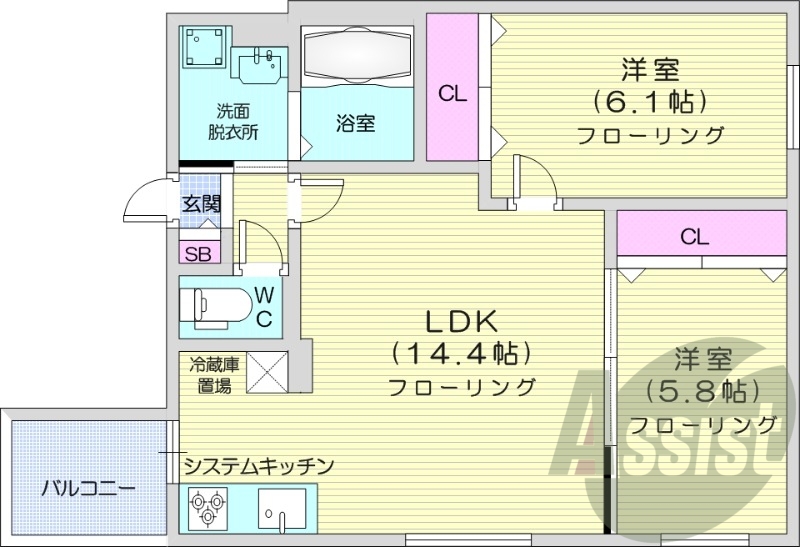 2LDK、都市ガス、エアコン、システムキッチン