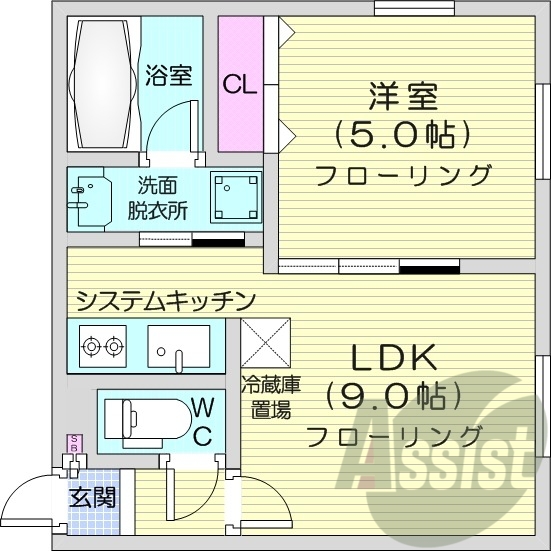1LDK、角部屋、バストイレ別、シャンプードレッサー