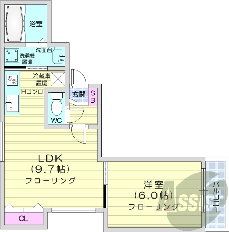 1LDK、角部屋、オートロック、独立洗面台、バルコニー