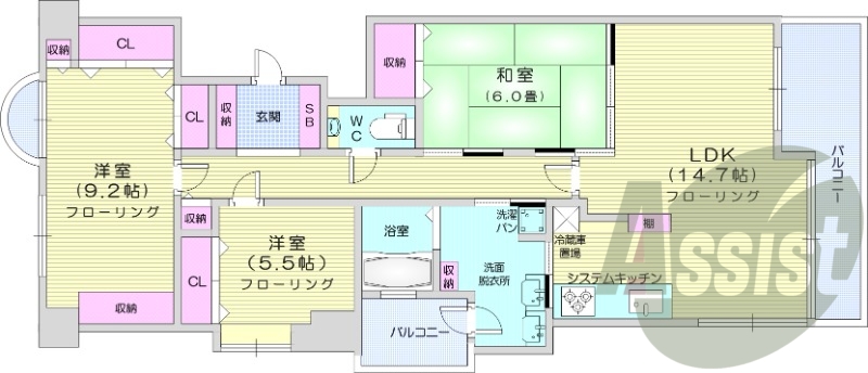 3LDK、都市ガス、エアコン、システムキッチン、追い焚き