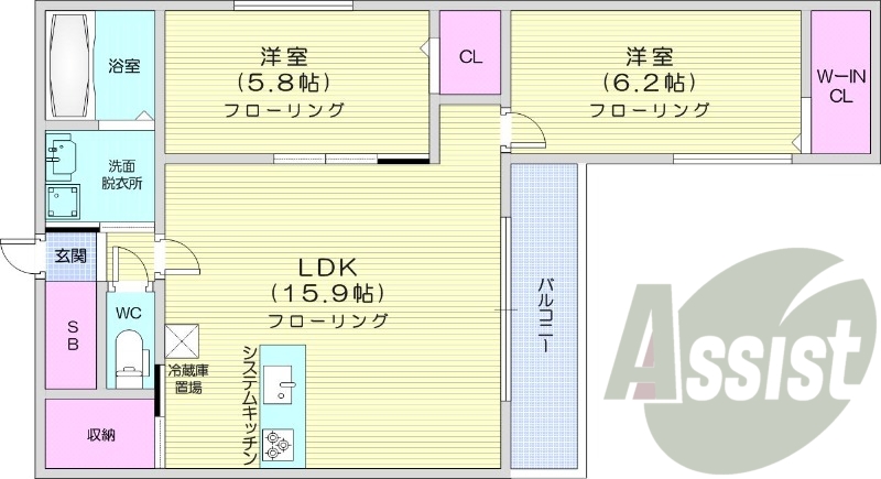 2LDK、エアコン、システムキッチン、追い焚き